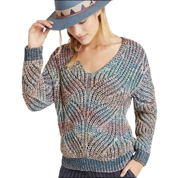 Anthropologie Sweaters - Anthropologie Chroma Colourful Rainbow V-Neck Sweater - Sz L